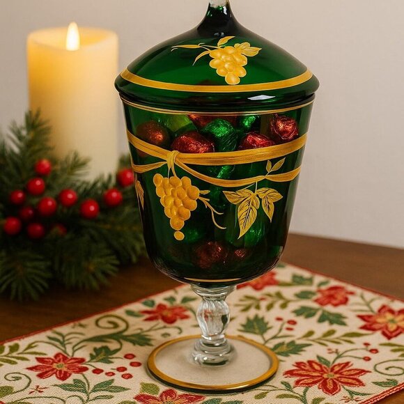 Vintage Emerald Green Glass Compote with Lid – Gold Trim & Grapevine Design - Picture 1 of 4